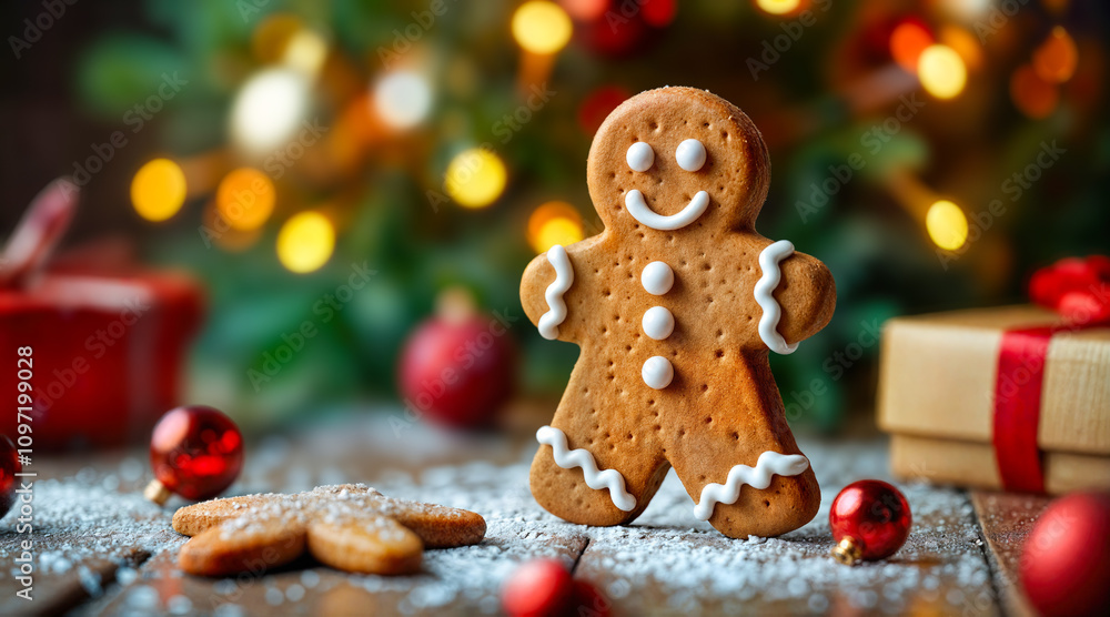 cheerful gingerbread man cookie stands on a rustic wooden table surrounded by holiday decorations. cheerful gingerbread man cookie stands on a rustic wooden table surrounded by holiday decorations.