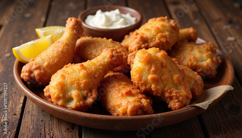 Crispy fried chicken drumsticks with cheese and lemon wedges on rustic wooden table