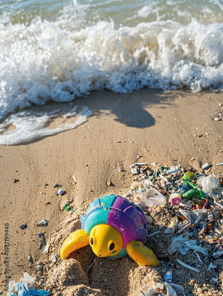 Obraz premium Toy turtle amidst washed-up litter on a sandy shore highlighting environmental concerns.