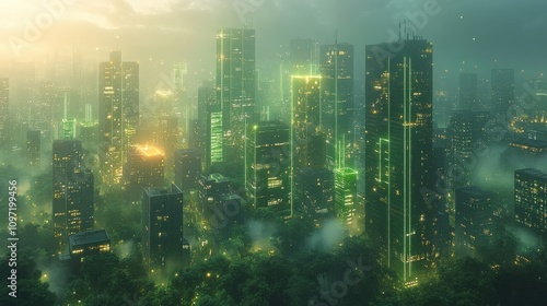 Aerial view of a futuristic city skyline with glowing skyscrapers at dusk