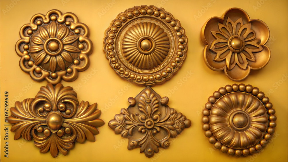 Decorative elements made of copper with golden floral designs. Decorative elements made of copper with golden floral designs.
