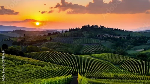 Wallpaper Mural A picturesque landscape featuring rolling vineyards under a vibrant sunset, with hills and distant trees in the background. Torontodigital.ca