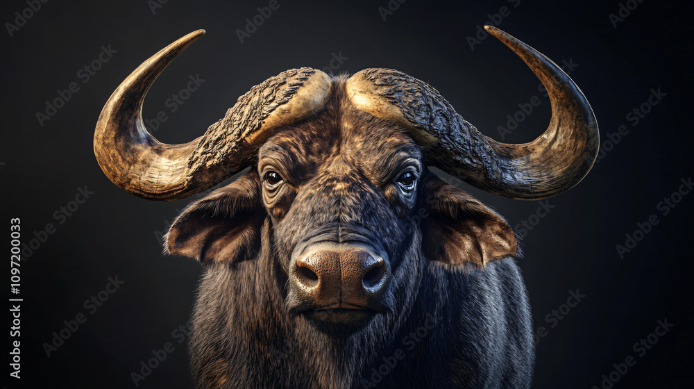 African buffalo showcasing its imposing presence with large, curved horns against a dark background African buffalo showcasing its imposing presence with large, curved horns against a dark background