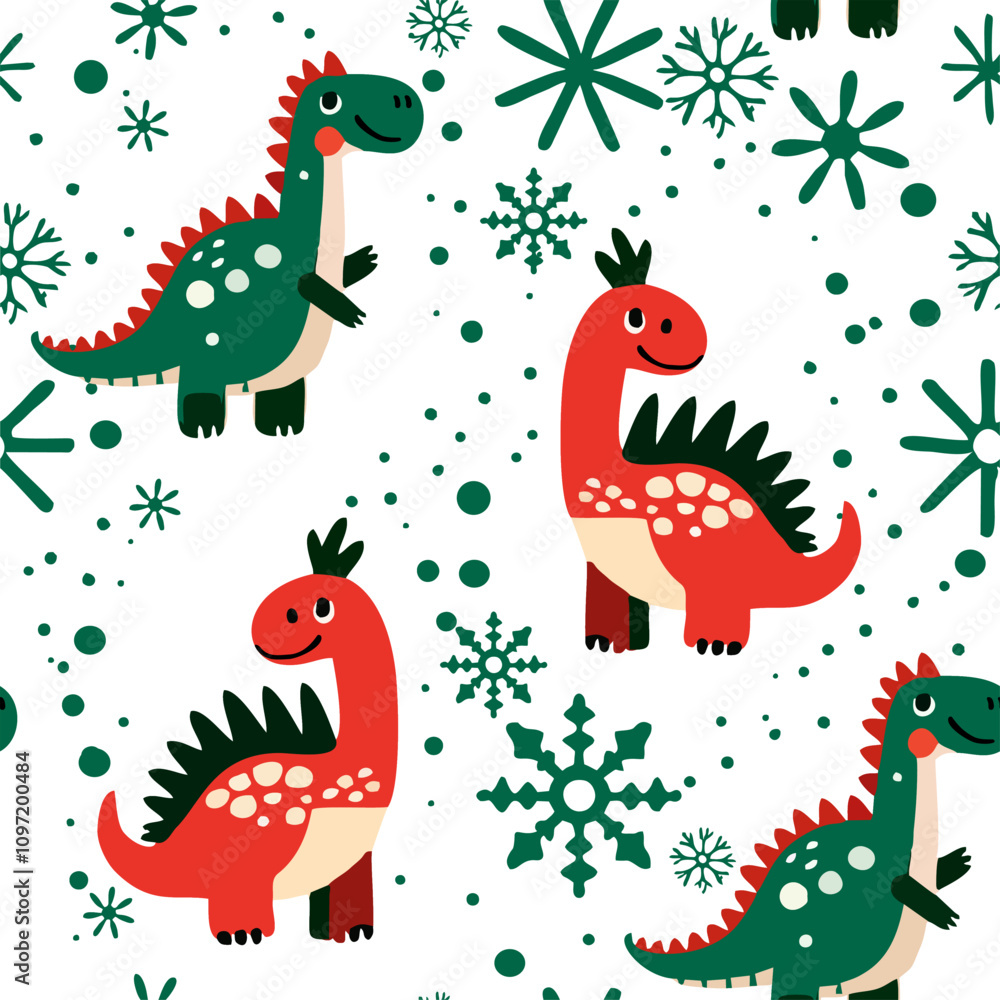 Obraz premium Hand drawn vector seamless christmas child pattern with cartoon funny dinosaurs cub and snowflakes. 2025 New Year fashion ornament for kid fabric, paper, textiles, notepad, packaging.