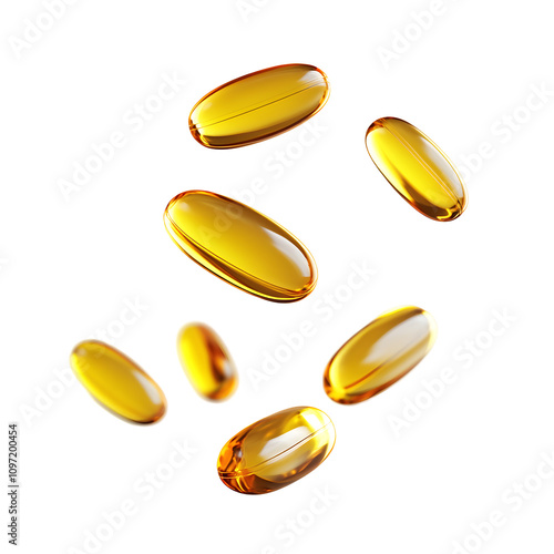 A collection of yellow gel capsules, often used as dietary supplements or vitamins. photo