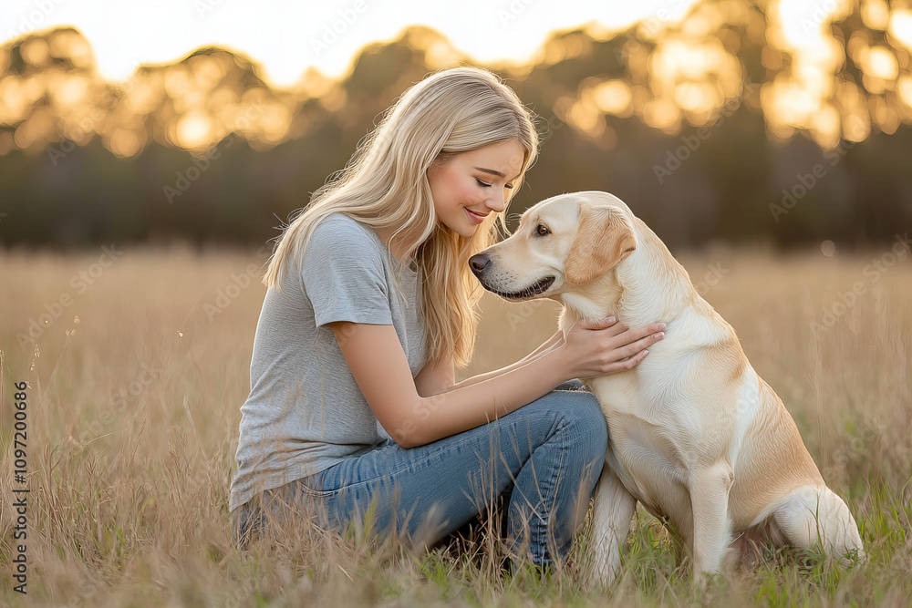 Smiling young woman sharing a joyful embrace with her dog in a bright outdoor setting, showcasing love, friendship, and a peaceful bond with nature Smiling young woman sharing a joyful embrace with her dog in a bright outdoor setting, showcasing love, friendship, and a peaceful bond with nature