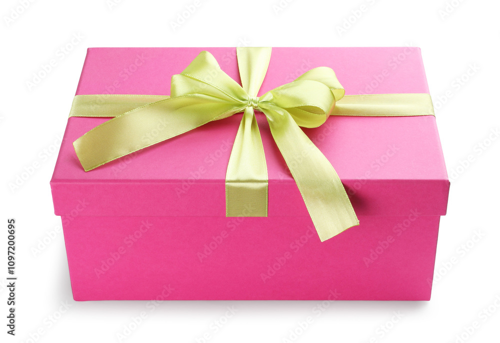 Beautiful pink gift box with bow isolated on white Beautiful pink gift box with bow isolated on white