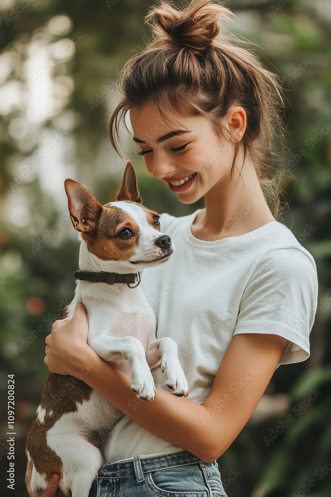 Smiling young woman sharing a joyful embrace with her dog in a bright outdoor setting, showcasing love, friendship, and a peaceful bond with nature Smiling young woman sharing a joyful embrace with her dog in a bright outdoor setting, showcasing love, friendship, and a peaceful bond with nature