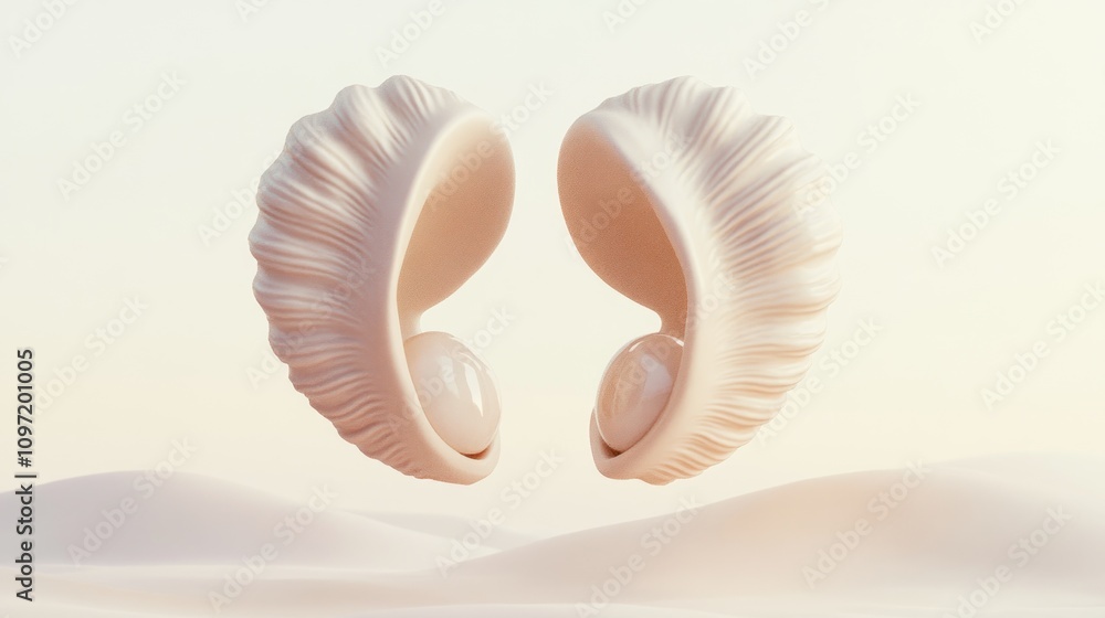 Two elegant seashells floating against a soft, pastel background. Two elegant seashells floating against a soft, pastel background.