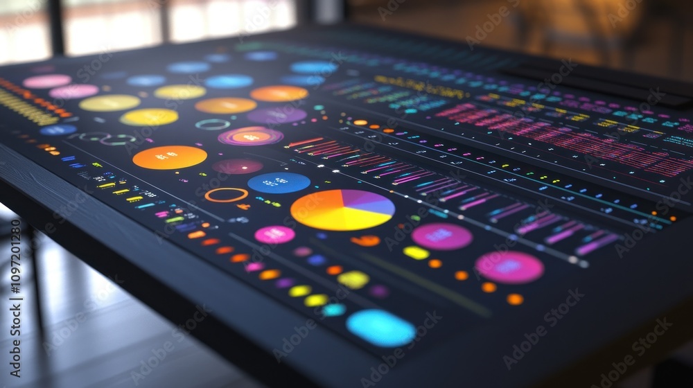 A colorful digital dashboard displaying various data visualizations and metrics. A colorful digital dashboard displaying various data visualizations and metrics.