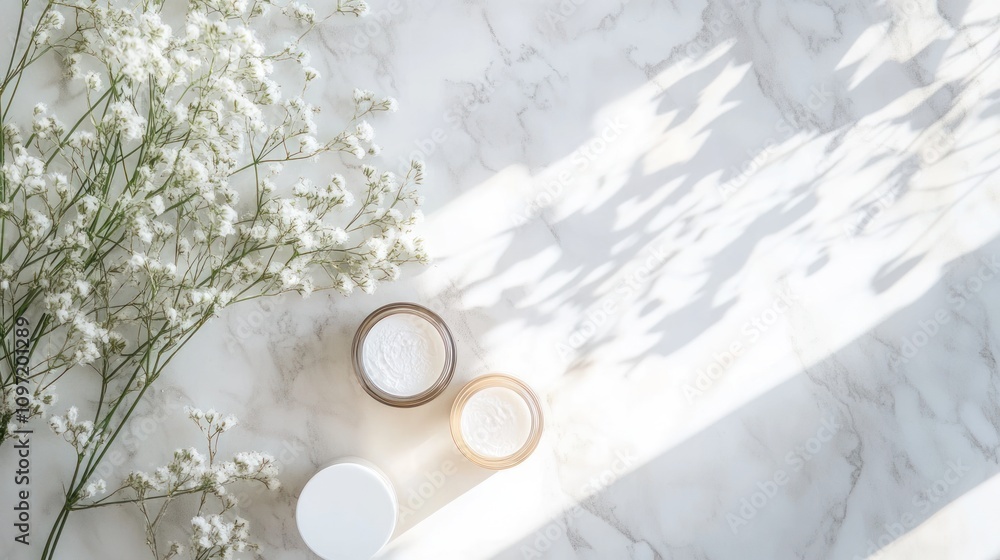 White flowers and beauty cream jars on marble White flowers and beauty cream jars on marble
