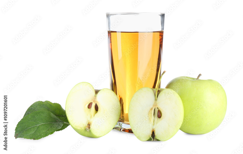 Tasty apple juice in glass and fresh fruits isolated on white Tasty apple juice in glass and fresh fruits isolated on white