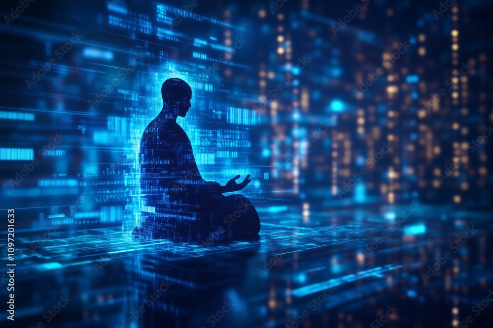 Silhouette of a person meditating in a glowing blue digital environment with light particles and data streams. Futuristic representation of mindfulness and technology. Silhouette of a person meditating in a glowing blue digital environment with light particles and data streams. Futuristic representation of mindfulness and technology.