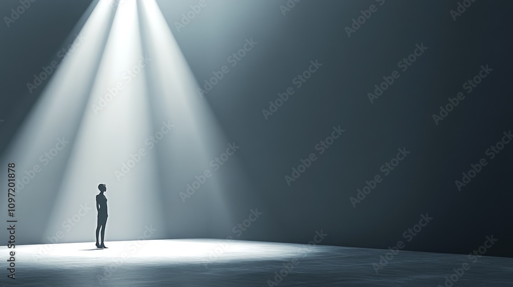 Silhouetted Figure Stands in Bright Spotlight Silhouetted Figure Stands in Bright Spotlight