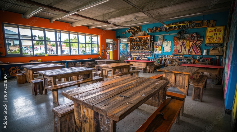 A vibrant workshop space with wooden tables and colorful walls for creative activities. A vibrant workshop space with wooden tables and colorful walls for creative activities.