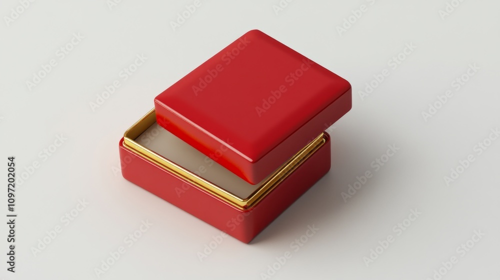 A red box with a gold trim sits on a white background. The box is open, revealing a white interior. The red and gold colors give the box a luxurious and elegant appearance A red box with a gold trim sits on a white background. The box is open, revealing a white interior. The red and gold colors give the box a luxurious and elegant appearance