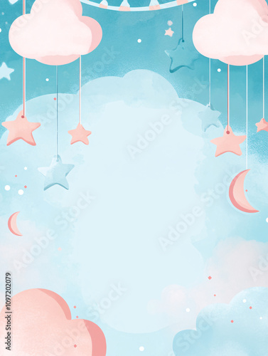 Dreamy Pastel Illustration of Hanging Clouds, Stars, and Crescent Moons Forming a Whimsical Frame with a large empty space, perfect for adding an invitation or message photo