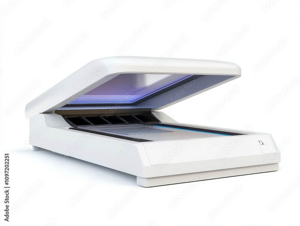 Scanner with open lid, showcasing its interior design and features Scanner with open lid, showcasing its interior design and features