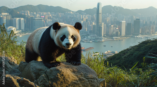 Giant panda perched on a boulder, gazing at the stunning hong kong skyline, highlighting the juxtaposition of nature and urbanization