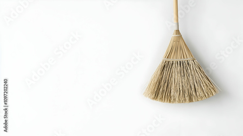 A simple broom hangs against a white background. photo