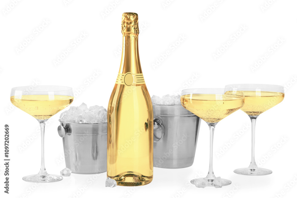 Champagne and buckets with ice isolated on white Champagne and buckets with ice isolated on white