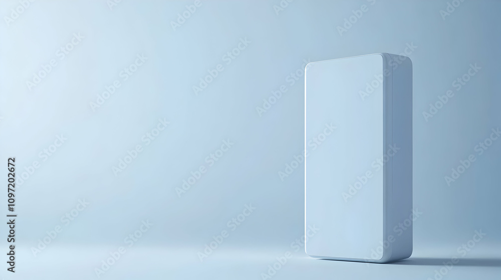 A single, blank, light-blue, rectangular prism stands on a matching background. A single, blank, light-blue, rectangular prism stands on a matching background.