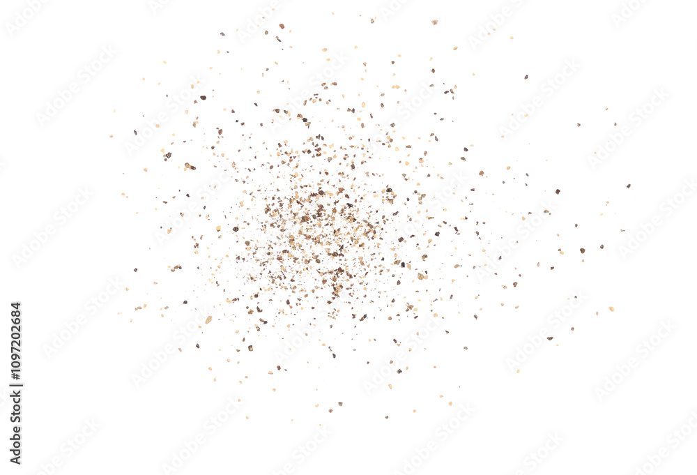 Black ground pepper scattered, spice flying isolated on white, clipping path Black ground pepper scattered, spice flying isolated on white, clipping path