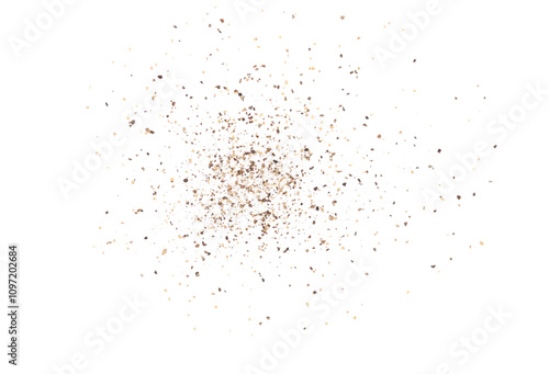 Black ground pepper scattered, spice flying isolated on white, clipping path