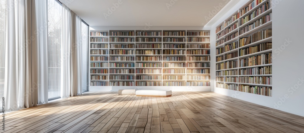 Obraz premium Sunlit room with large bookcases and hardwood floor.