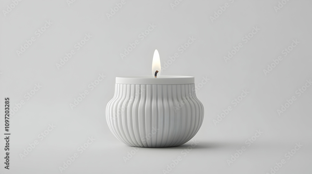 A single white candle with vertical ribs burns brightly against a minimalist grey background. A single white candle with vertical ribs burns brightly against a minimalist grey background.