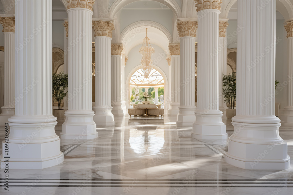Fototapeta premium Palace with columns interior background, castle hall, classic ballroom illustration. Luxury wedding banquet room with arch window, marble column. Vintage palace interior. Generative AI