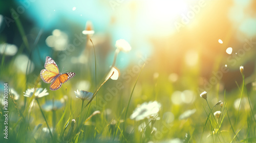 A variety of vibrant colorful butterflies flying over wildflowers in a bright, sunlit meadow. The scene captures the beauty of spring and summer nature. Generative AI