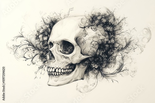 Wallpaper Mural A Human Skull Adorned With Dark Floral Designs Torontodigital.ca