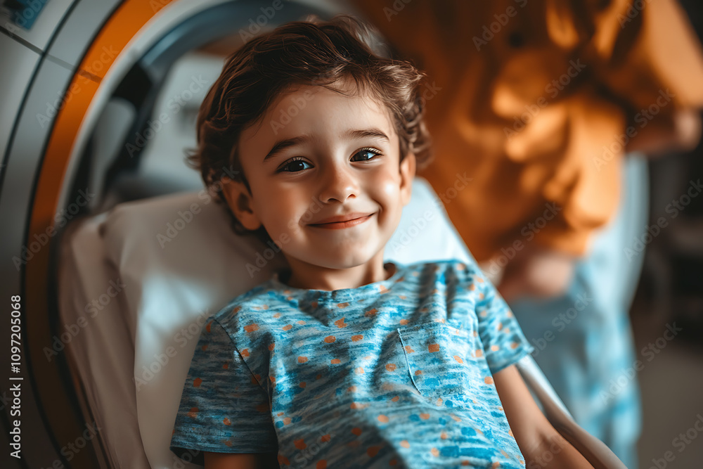 A child lying calmly on an MRI scanner table with a caring technician nearby, highlighting advanced medical care in a modern hospital environment.
