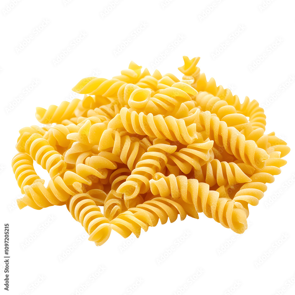 A pile of uncooked spiral pasta, ready for cooking and enjoying in various dishes. A pile of uncooked spiral pasta, ready for cooking and enjoying in various dishes.
