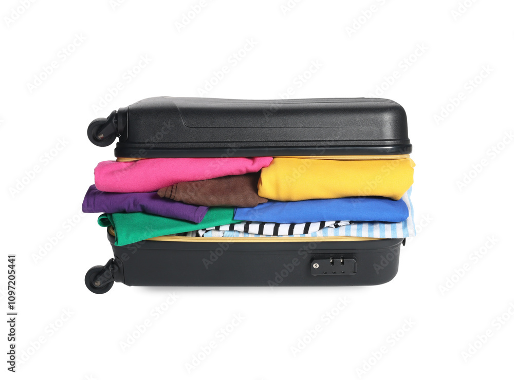 Packed suitcase full of clothes isolated on white Packed suitcase full of clothes isolated on white