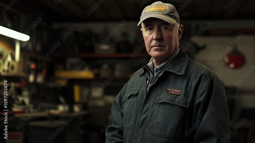 A serious man stands in a workshop, surrounded by tools and equipment, reflecting craftsmanship. A serious man stands in a workshop, surrounded by tools and equipment, reflecting craftsmanship.