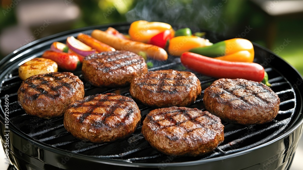 Delicious BBQ Feast with Sausages and Vegetables Delicious BBQ Feast with Sausages and Vegetables