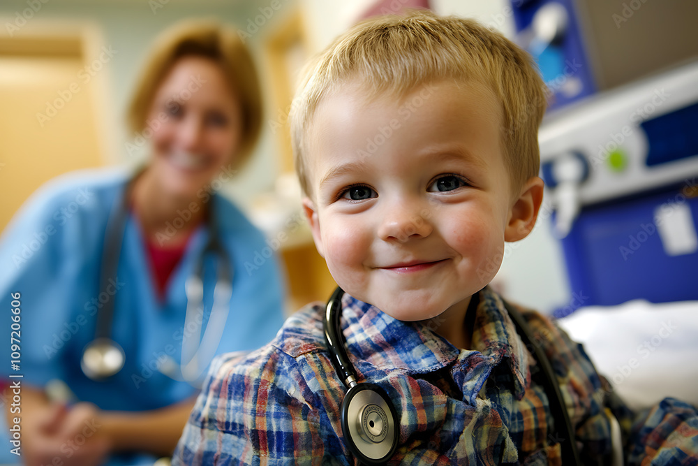 A pediatrician conducting a medical checkup on a calm child with a stethoscope, supported by a friendly nurse in a bright hospital setting.
A pediatrician conducting a medical checkup on a calm child with a stethoscope, supported by a friendly nurse in a bright hospital setting.