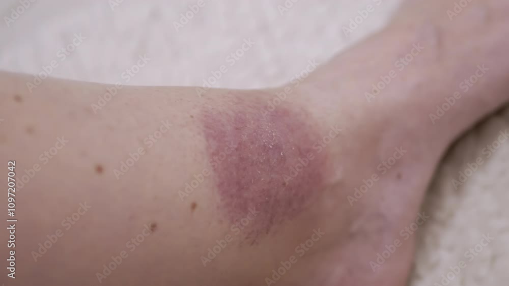 Close up, Formation of a Large Red Spot on the Skin from a Tick Bite. Irritation, itching, swelling, infection, redness around skin of leg. Lyme disease. Insect, mosquito, encephalitis tick bite. Close up, Formation of a Large Red Spot on the Skin from a Tick Bite. Irritation, itching, swelling, infection, redness around skin of leg. Lyme disease. Insect, mosquito, encephalitis tick bite.