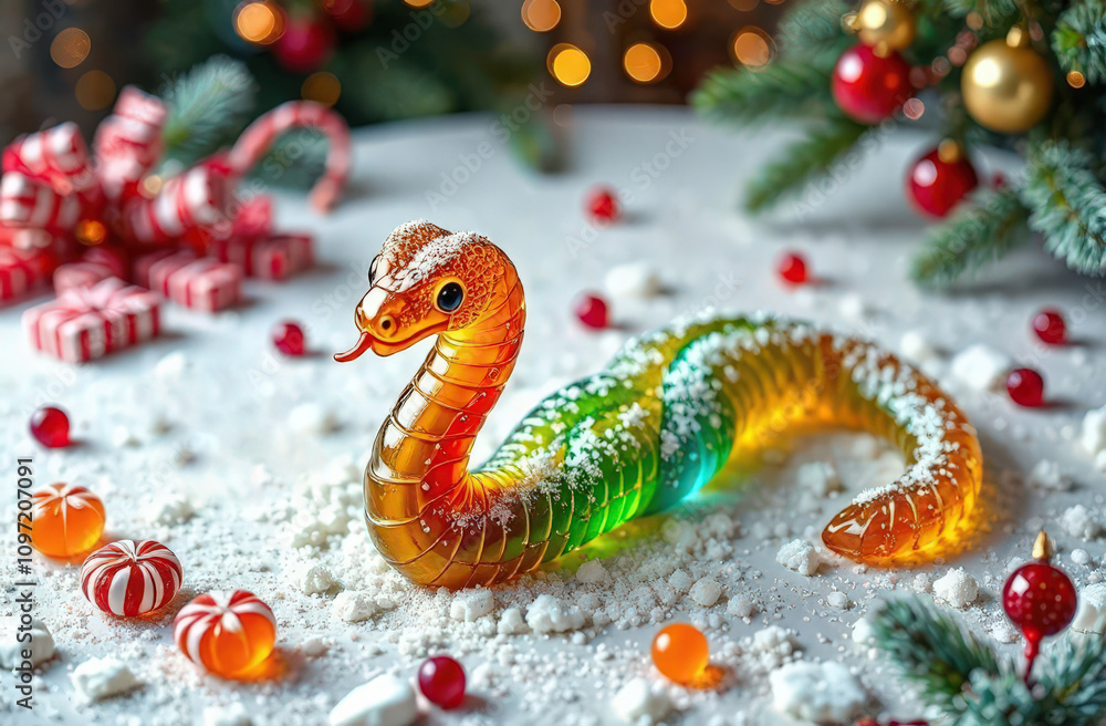 Jelly candy snake, symbol of 2025 on the Christmas sweet table Jelly candy snake, symbol of 2025 on the Christmas sweet table