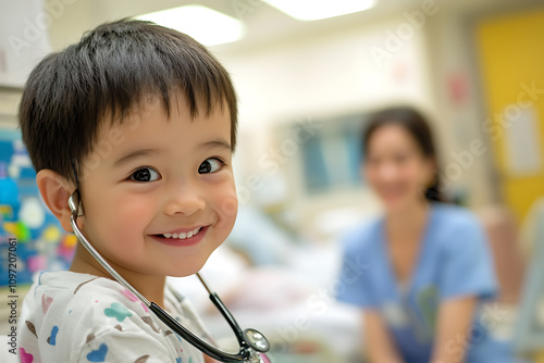 A pediatrician conducting a medical checkup on a calm child with a stethoscope, supported by a friendly nurse in a bright hospital setting. 