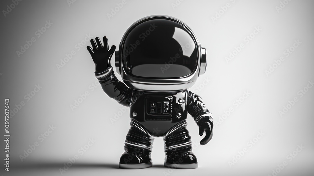 A glossy black astronaut figure waving, showcasing a playful design in a minimalist setting. A glossy black astronaut figure waving, showcasing a playful design in a minimalist setting.