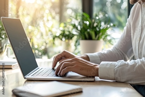 Person working on laptop at home office surrounded by greenery and natural light during daytime