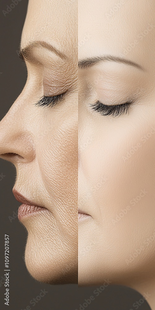 Obraz premium This powerful color photograph offers a side-by-side comparison of a white woman's skin metamorphosis. The left side of the image shows her already aged appearance, with wrinkles and signs of aging 