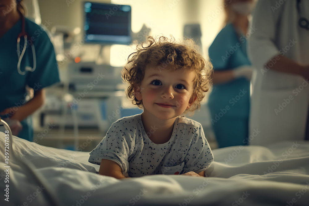A young child sitting on a hospital bed with supportive doctors and nurses nearby, creating a warm and caring atmosphere in a medical setting.
A young child sitting on a hospital bed with supportive doctors and nurses nearby, creating a warm and caring atmosphere in a medical setting.