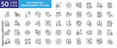 Distributor management system icon set with inventory, sales, order, customer, supplier, logistics, warehouse, delivery, route, pricing, promotion, return, report, analytics, forecasting, and invoice