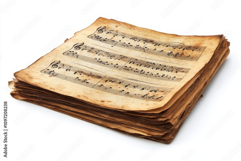 Naklejka premium Old sheet music with faded notes, stacked and isolated on white