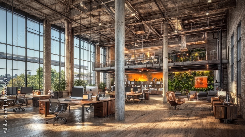 Modern open-concept office space with large windows and greenery. Modern open-concept office space with large windows and greenery.