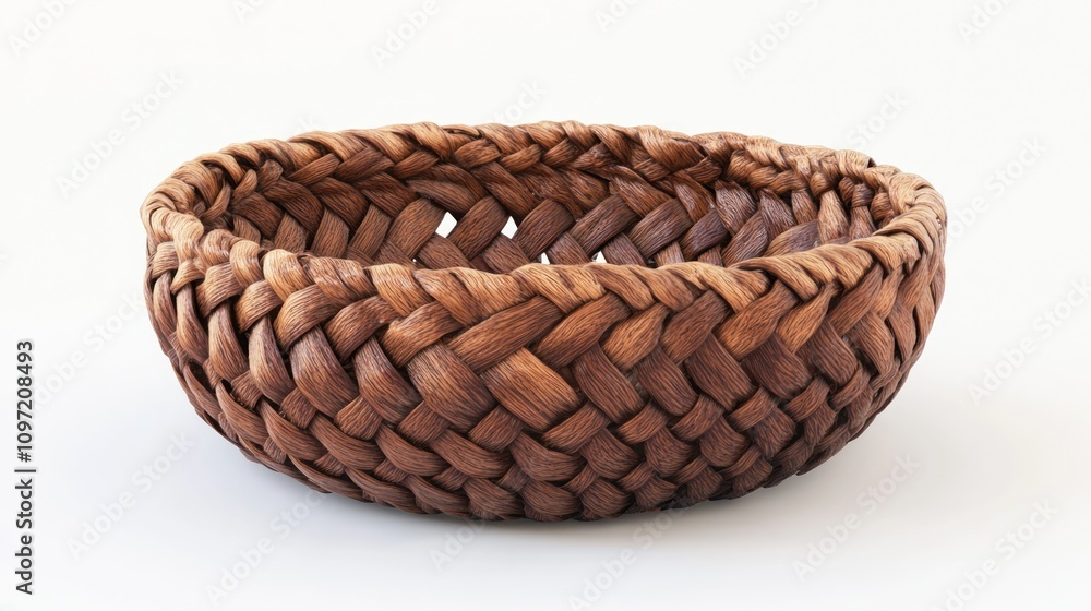 A Dark Brown Woven Basket Sits On A White Background A Dark Brown Woven Basket Sits On A White Background